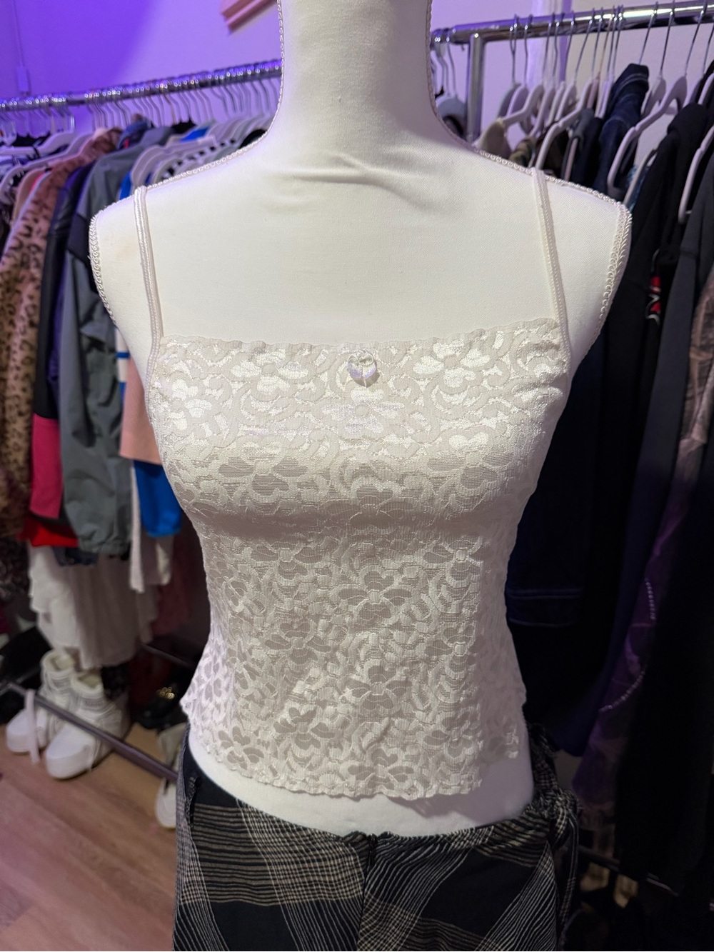 White Lace Spaghetti-Strap Camisole with Floral Overlay